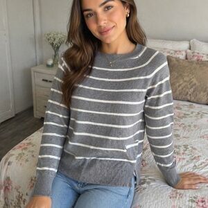 Banana Republic Gray & White Striped Crewneck Sweater